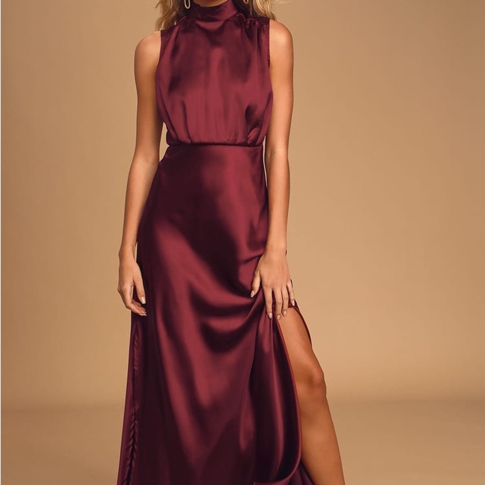 Lulus Classic Elegance Wine Satin Sleeveless Mock Neck Maxi Dress